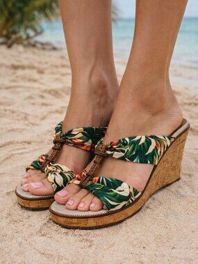 Sperry Tropical Floral Cork Wedge Sandals - Green Multi